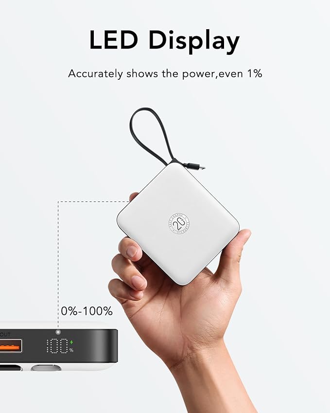 VRURC Battery Pack Charger Portable 10000mAh, 22.5W Power Bank Fast Charging with Built-in Cable, Cell Phone Power Bank for iPhone 17 16 15 & Early Series (White) - Image 8