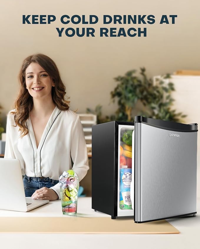 Upstreman 1.7 Cu.ft Mini Fridge with Freezer, Stainless Steel-FR17 | Dorm Essentials, Adjustable Thermostat, Energy Saving, Low Noise, Compact Refrigerator for Dorm, Office, Bedroom - Image 3