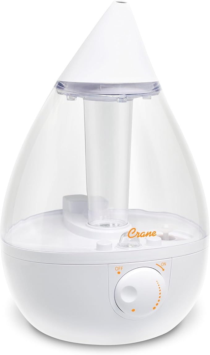 Crane White Teardrop Ultrasonic Cool Mist Humidifier, 1 Gallon Auto Shut-Off for Large Room, Baby Nursery, Bedroom Office, Clear & White by Crane