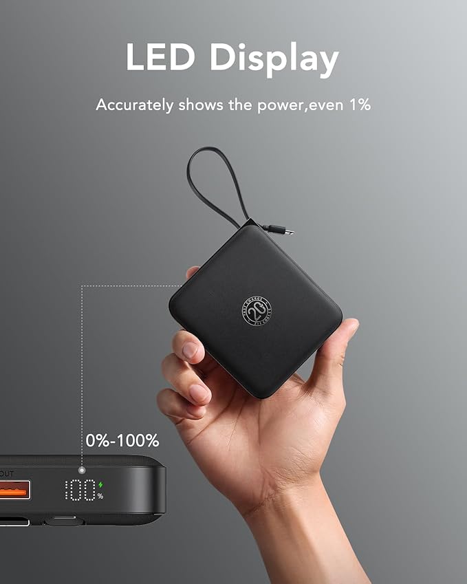 VRURC Portable Charger with Built-in Cable, 10000mAh 22.5W Fast Charging USB C Battery Pack, Cell Phone Power Bank for iPhone 17 16 15 Series Android Tablet (Black) - Image 8