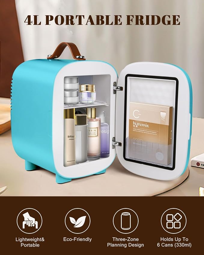 FANSEXPERT Mini Fridge for Bedroom, 4 Liter/6 Cans Skincare Small Refrigerator, AC/DC Portable Mini Cooler & Warmer, Small Fridge for Camping, Dorm, Office, Car (Blue) - Image 3