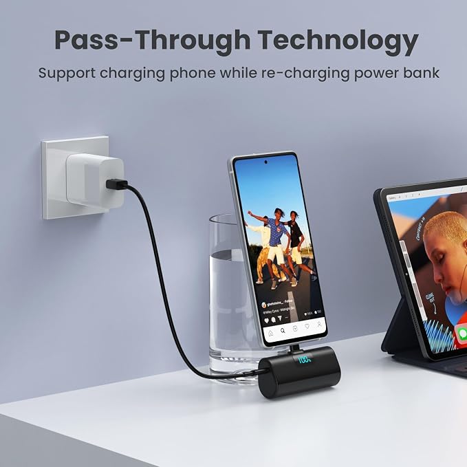 [2-Pack]Small Portable Charger 5200mAh, Upgraded PD USB C Power Bank Built-in USB-C Connector,LCD Display Battery Pack Compatible with iPhone 15/15 Plus/15 Pro/15 Pro Max/Samsung Android(Black+Purple) - Image 6