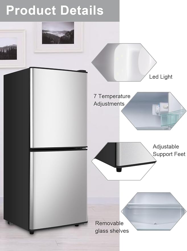 Refrigerator with Freezer 4.0 Cu.Ft Bottom Freezer 2 Door Fridge Silver | 7 Level Adjustable Thermostat Control, Lock Fresh,for Apartment Bedroom Dorm and Office,Low noise - Image 4