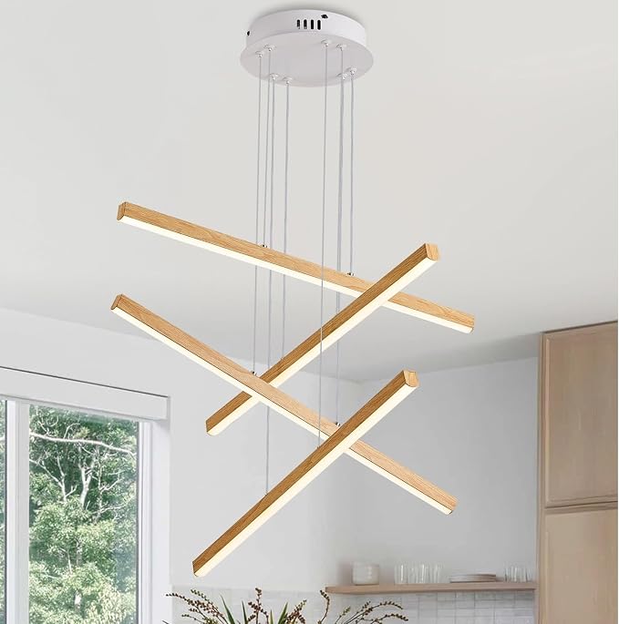 Linear Pendant Light for Dining Room Oak Wood Grain Finish LED 4 Light by LUMIFLYModernChandelier