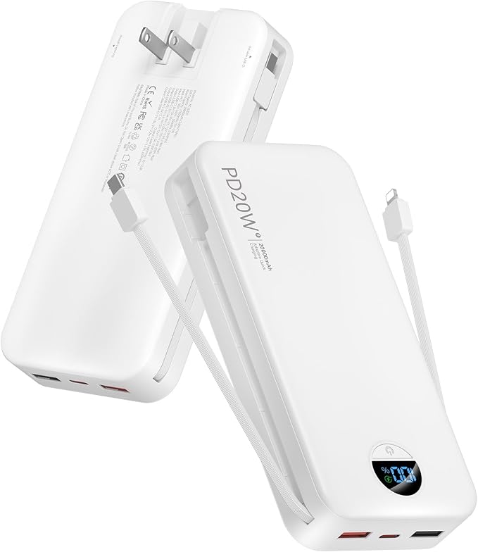 Portable Charger, 20000mAh PD20W USB C Power Bank Fast Charging with Built-in Cables & Wall Plug, External Battery Pack with LED Display, Travel Essentials Battery Bank for iPhone iPad Samsung White by CITICR