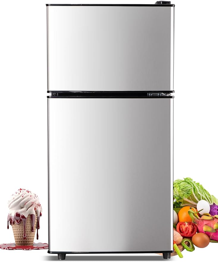 F.W.WOOLWORTHS 3.5 Cu.Ft Refrigerator with Freezer | Compact Fridge with 2 Doors for Office, Kitchen, Dorm and Bedroom, 7 Level Temp Adjustable Thermostat, Silver by FWWOOLWORTHS