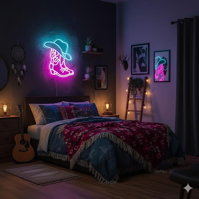 Cowboy Boot and Hat LED Neon Sign, Western Country Wall Decor - Image 2