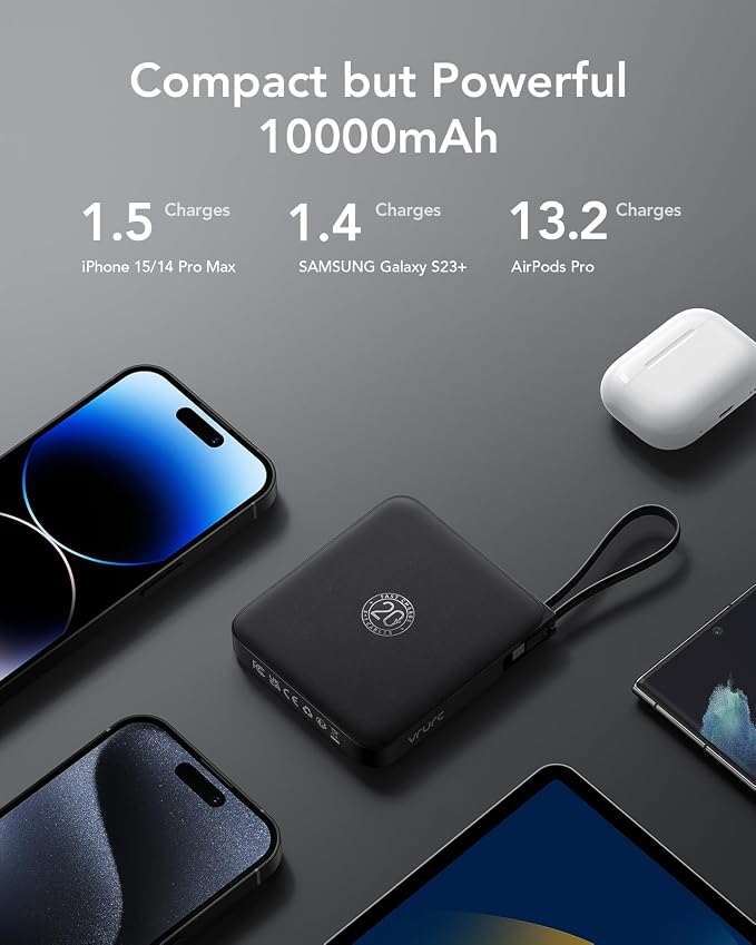 VRURC Portable Charger with Built-in Cable, 10000mAh 22.5W Fast Charging USB C Battery Pack, Cell Phone Power Bank for iPhone 17 16 15 Series Android Tablet (Black) - Image 7