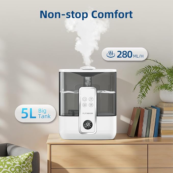 FLYMOON Mist Humidifier for Bedroom, Humidifier with Top Fill, 5L Water Tank, Leak-Proof, 28dB, Tuya App Control, Humidifiers for Large Room, Home, Plants,White - Image 6