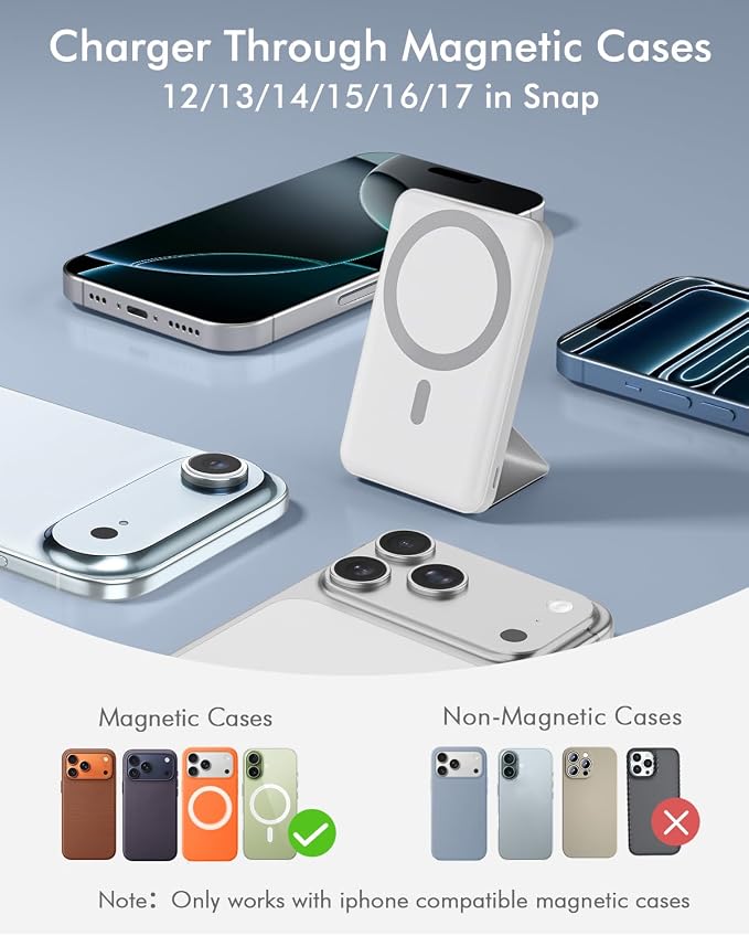 podoru for Magsafe Battery Pack, Foldable 10000mAh Magnetic Power Bank with USB-C Cable LED Display 22.5W PD Fast Charging Wireless Portable Charger for iPhone 17/16/15/14/13/12 Series-White - Image 2