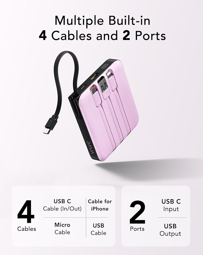 VRURC Portable Charger with Built-in Cable, 10000mAh 22.5W Fast Charging USB C Battery Pack, Cell Phone Power Bank for iPhone 17 16 15 Series Android Tablet (Purple) - Image 6