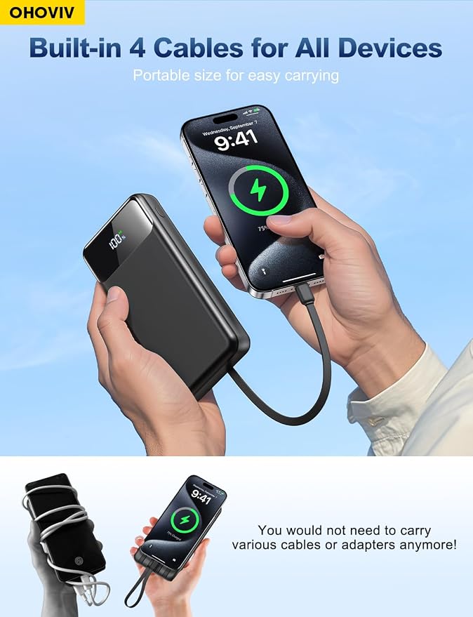 OHOVIV Portable Charger Power Bank 50000mAh Battery Pack, 22.5W Fast Charging PowerBank with Built in Cables,Travel Essential USB-C Portable Phone Charger for iPhone Samsung Pixel Android iPad - Image 3