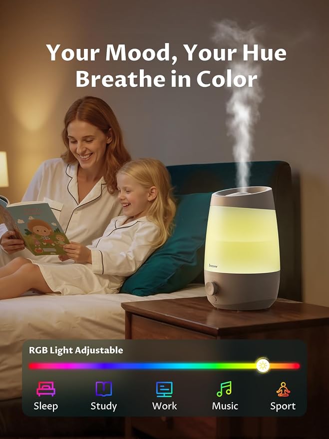 BREEZOME 2.5L Top Fill Humidifiers for Bedroom, 250ml/h Mist Output, 25hrs Humidifiers for Home, 7 Adjustable LED, Essential Oil Diffuser, 25dB Ultrasonic Humidifier for Baby and Indoor Plants, White - Image 7