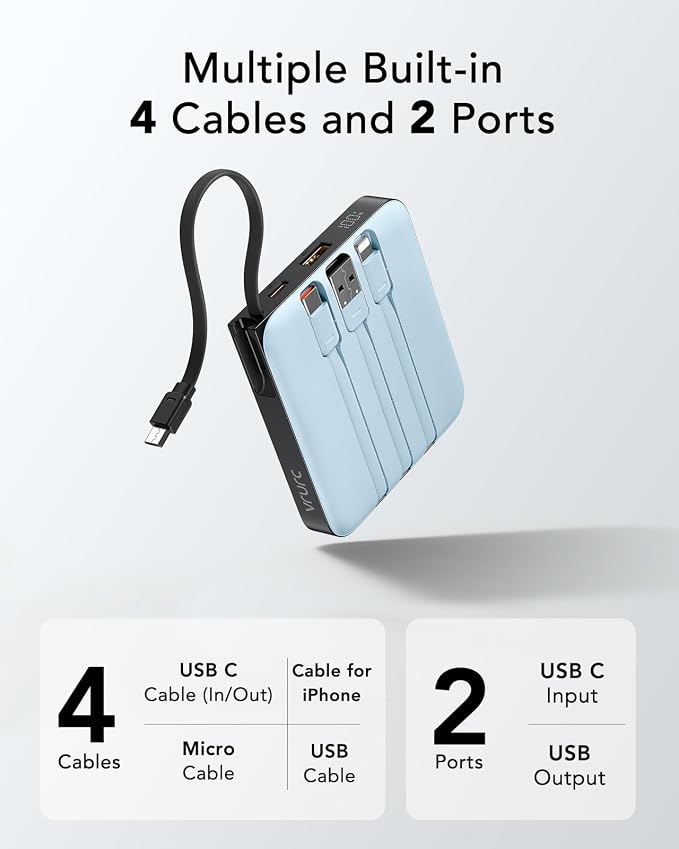 VRURC Portable Charger for iPhone with Built-in Cable, 10000mAh 22.5W Fast Charging USB C Battery Pack, Cell Phone Power Bank for iPhone 17 16 15 & Other Series (Blue) - Image 5