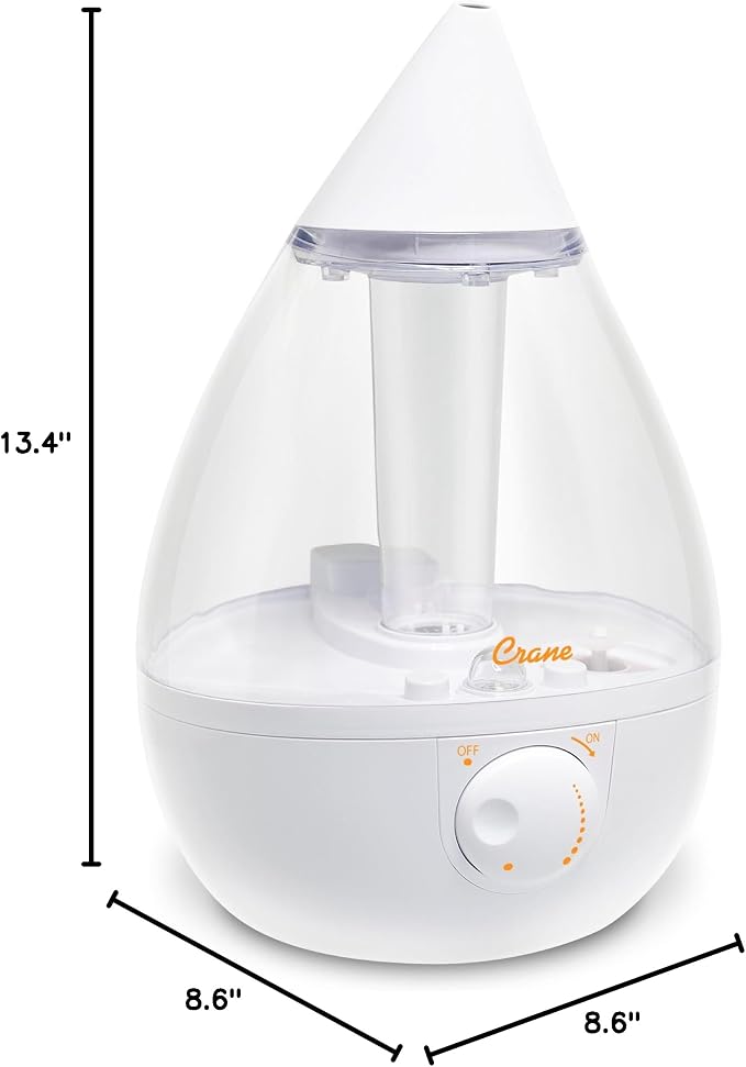 Crane White Teardrop Ultrasonic Cool Mist Humidifier, 1 Gallon Auto Shut-Off for Large Room, Baby Nursery, Bedroom Office, Clear & White - Image 9