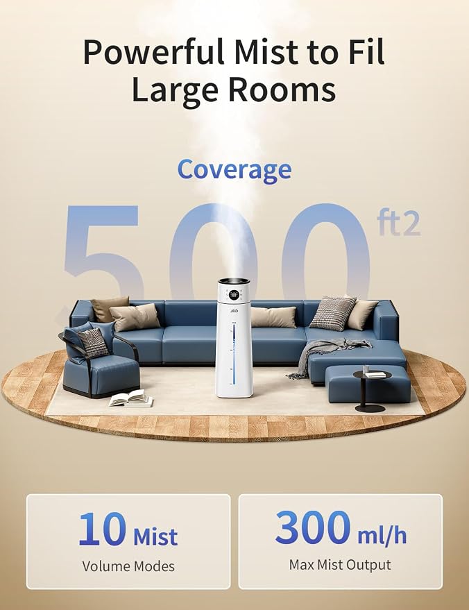 JRD Humidifier Large Room 8L/ 2.1Gal, Ultrasonic Cool Mist for Bedroom, Quiet Humidifier with Remote Control, 10 Mist Modes, 24H Timer, Night Light, AI Mode, 40H Run for Home Office Baby Pets Plants - Image 2