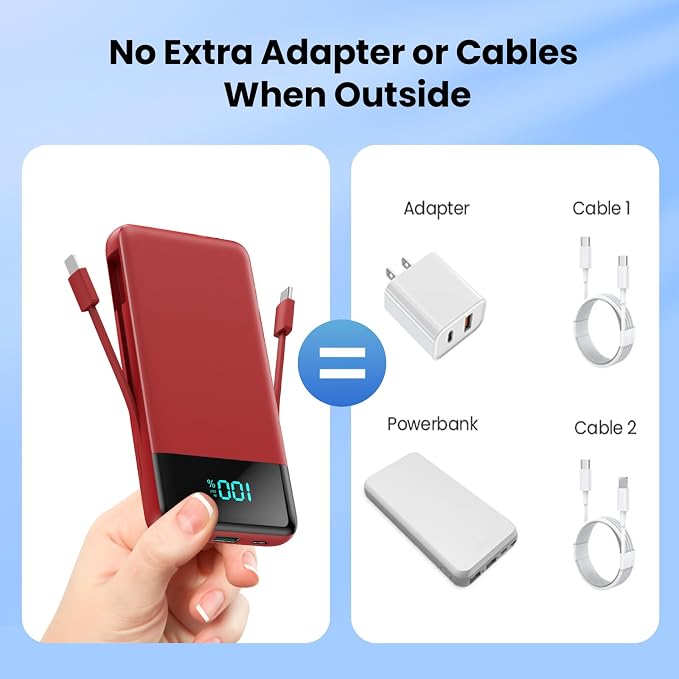 Portable Charger for iPhone,13800mAh Slim Power Bank with Built-in Cables & AC Wall Plug,All in One 4 Outputs USB C Fast Charging Battery Pack Travel Essential for iPhone 17/16/15/14,Android (Red) - Image 3