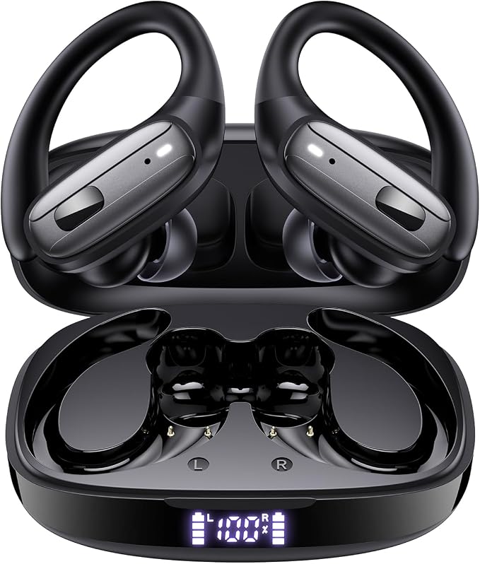 Wireless Earbuds with Ear Hooks, Running Headphones, Ear Buds for Sports | 80H Long Playtime, Noise Cancelling, Physical Button Control, LED Display, IPX7 Waterproof Workout Earphones, Black by Unknown