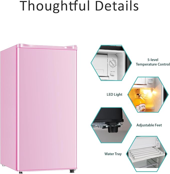Seaoola Mini Fridge with Freezer, Single Door 3.1 Cu.Ft, Compact Mini Refrigerator, LED Light, Adjustable Thermostat, Removable Glass Shelves, Small Refrigerator for Dorm/Office/Bedroom(Pink) - Image 3