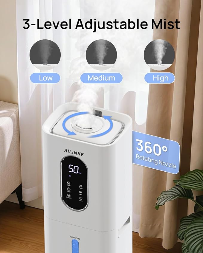 2.1Gal/8L Warm & Cool Mist Humidifiers for Bedroom 500 sq ft, AILINKE Top-Fill Humidifier Large Room with Essential Oil Diffuser, Large Room Humidifiers for Home Baby Nursery Office Plants, White - Image 4