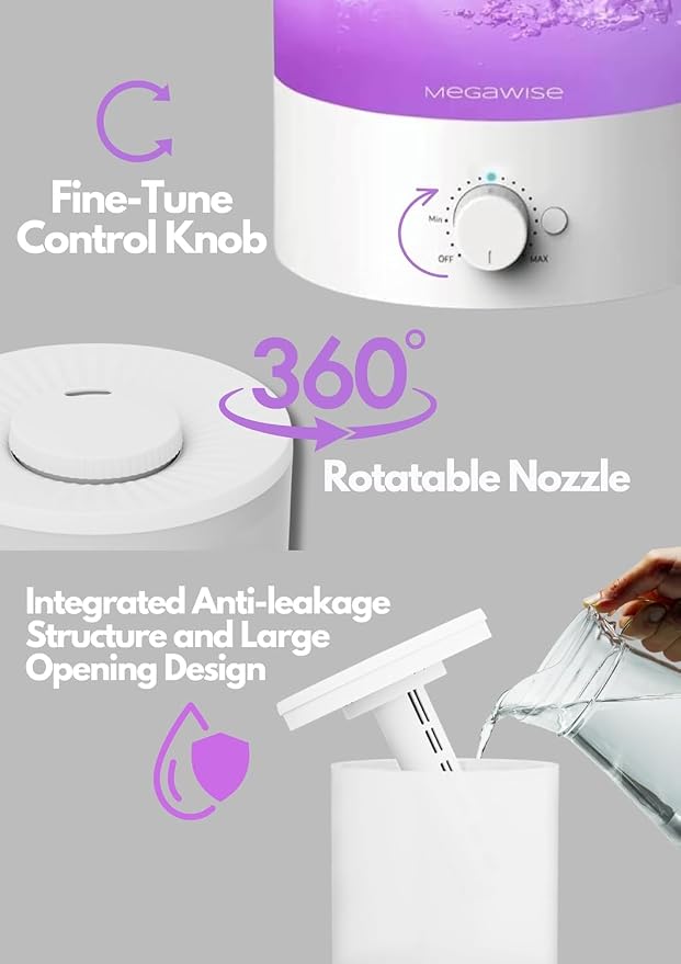 MegaWise Cool Mist Humidifiers for Babies, Bedroom, Nursery, Home and Office | Super Quiet Ultrasonic Vaporizer, Large Top-Refill 1.5L, Essential Oil Diffuser, Auto Off, Easy Clean (2 Pack) - Image 3