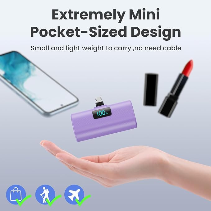 [2-Pack]Small Portable Charger 5200mAh, Upgraded PD USB C Power Bank Built-in USB-C Connector,LCD Display Battery Pack Compatible with iPhone 15/15 Plus/15 Pro/15 Pro Max/Samsung Android(Pink+Purple) - Image 3
