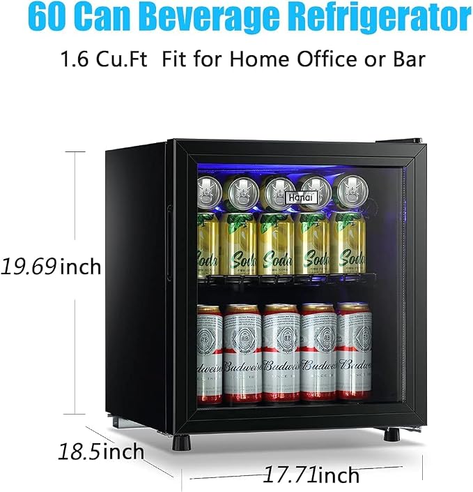 Mini Fridge Glass Door 60 Cans Beverage Cooler Refrigerator Mini Beer Fridge 1.6 cu.ft Organizer for Drinks Soda Wine Small Refrigerator with Blue LED for Home Office Dorm - Image 2