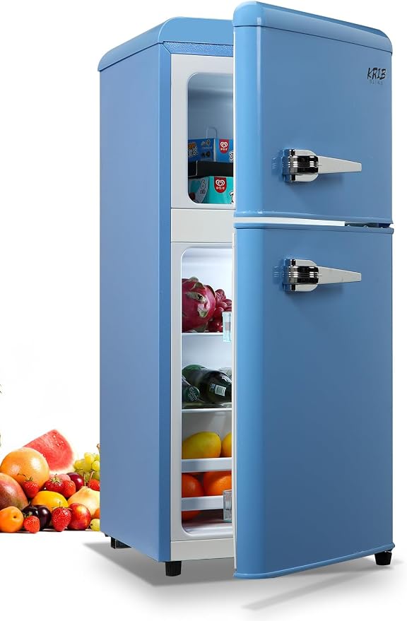 Mini Fridge Compact Refrigerator Small Refrigerator 7 Level Adjustable Thermostat Removable Shelves with Stainless Steel 2 door for Office Dorm Apartment 3.5 Cu.Ft Blue by KRIBBLING