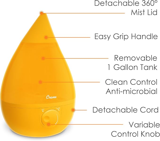 Crane Ultrasonic Cool Mist Humidifier for Bedroom, Baby Nursery, Kids Room, Plants, or Office, Large 1 Gallon Tank, Filter Optional, Orange - Image 3