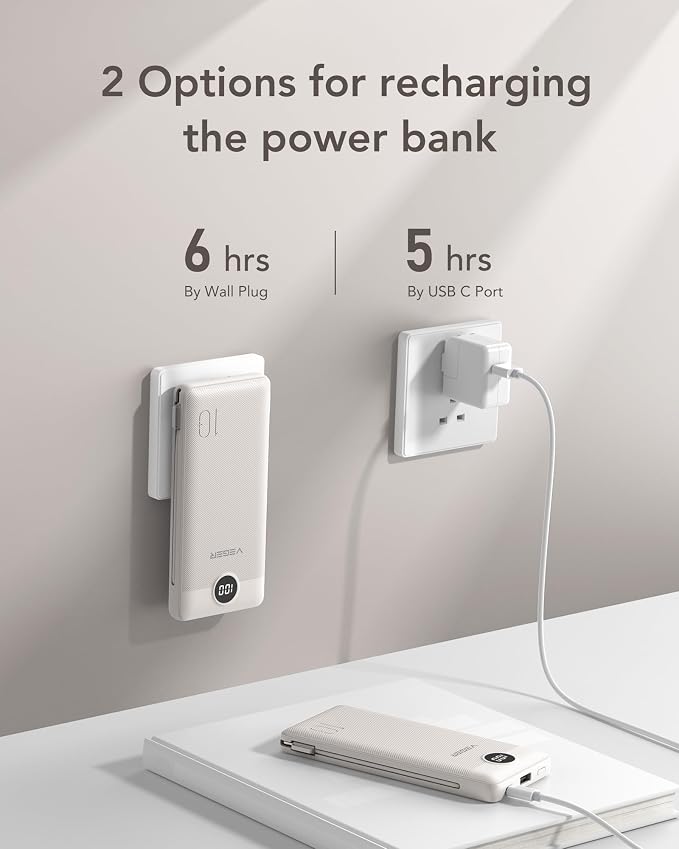 VEGER Portable Charger with Built-in AC Plug and Cables, All in One 10000mAh Ultra Slim Power Bank Travel Essentials, Fast Charging Battery Pack Compatible with iPhone, Samsung, Android (Coffee) - Image 5