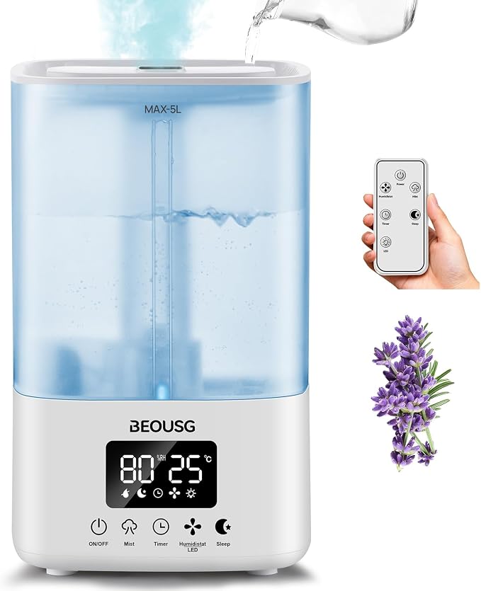 5L Top Fill Ultrasonic Humidifier,Cool Mist Humidifiers with Timer & Humidity Control for Bedroom, Baby, Large Rooms & Plants (White) by BEOUSG