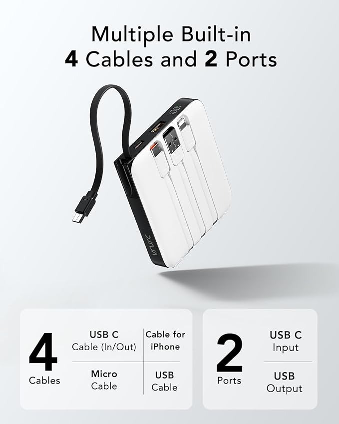 VRURC Battery Pack Charger Portable 10000mAh, 22.5W Power Bank Fast Charging with Built-in Cable, Cell Phone Power Bank for iPhone 17 16 15 & Early Series (White) - Image 2