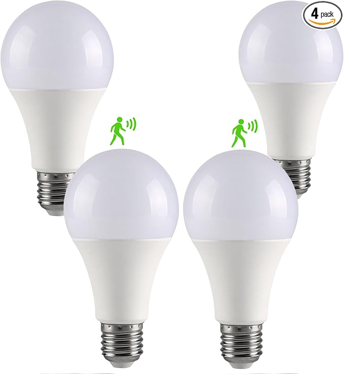 4 Pack Motion Sensor Light Bulbs, Motion Activated Dusk to Dawn A19 E26 LED Bulb by GEPLAD