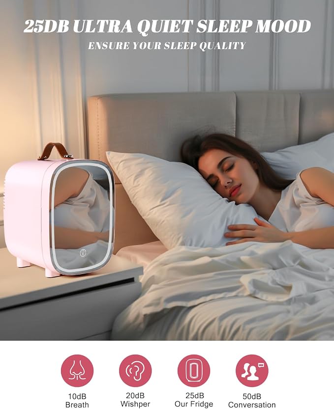 Mini Fridge for Bedroom, 4 Liter/6 Can Skincare Fridge With LED Mirror & Leather Carrying Handle,12v AC/DC Cooler & Warmer Portable Small Refrigerator for Drinks, Makeup, Dorm, Office and Car(Pink) - Image 7