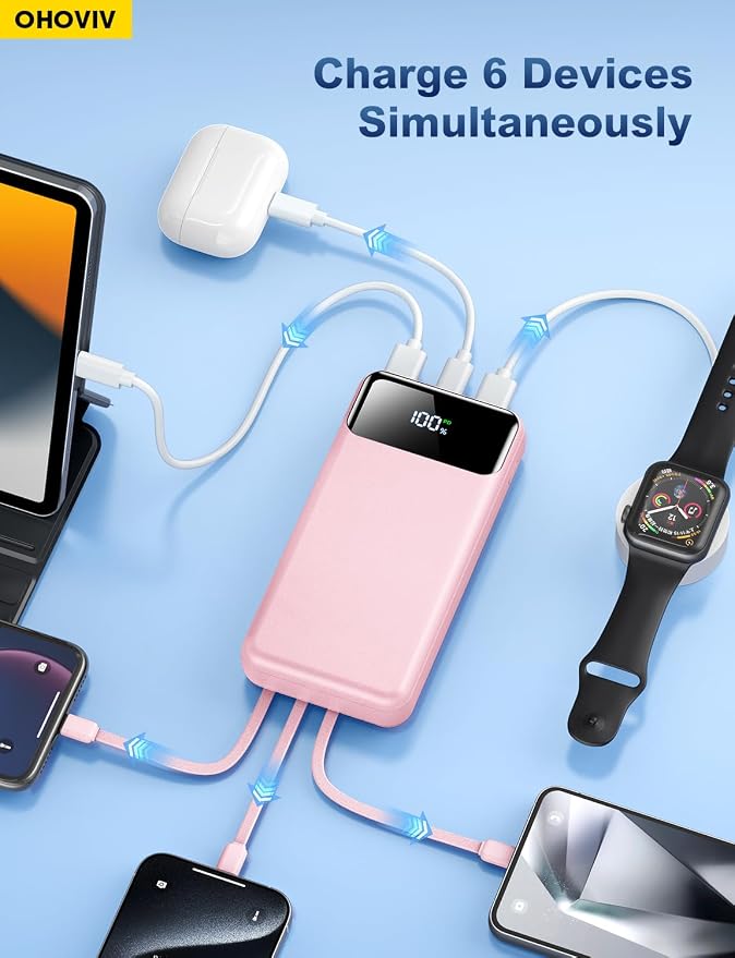 OHOVIV Portable Charger Power Bank 50000mAh Battery Pack, 22.5W Fast Charging PowerBank with Built in Cables,Travel Essential USB-C Portable Phone Charger for iPhone Samsung Pixel Android iPad-Pink - Image 8
