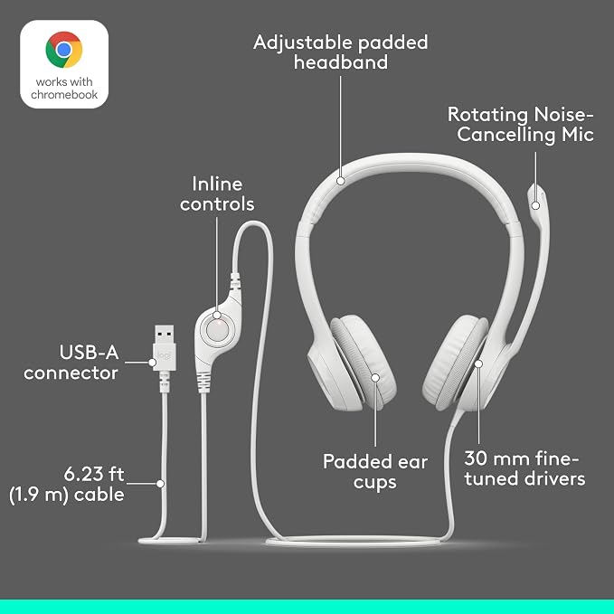Logitech H390 Wired Headset PC/Laptop Stereo Headphones - Off White | Stereo Headphones for PC/Laptop, USB-A, In-Line Controls, Works with Chromebook - Image 6