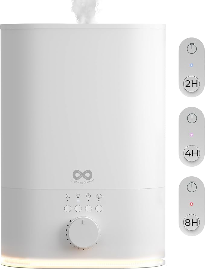 Everlasting Comfort 6L Top Fill Humidifier for Bedroom – Quiet, Easy to Fill & Clean, 60HR Runtime, Night Light, Timer, Ultrasonic Cool Mist, Auto Shut-Off, Essential Oil Compatible - White by EverlastingComfort