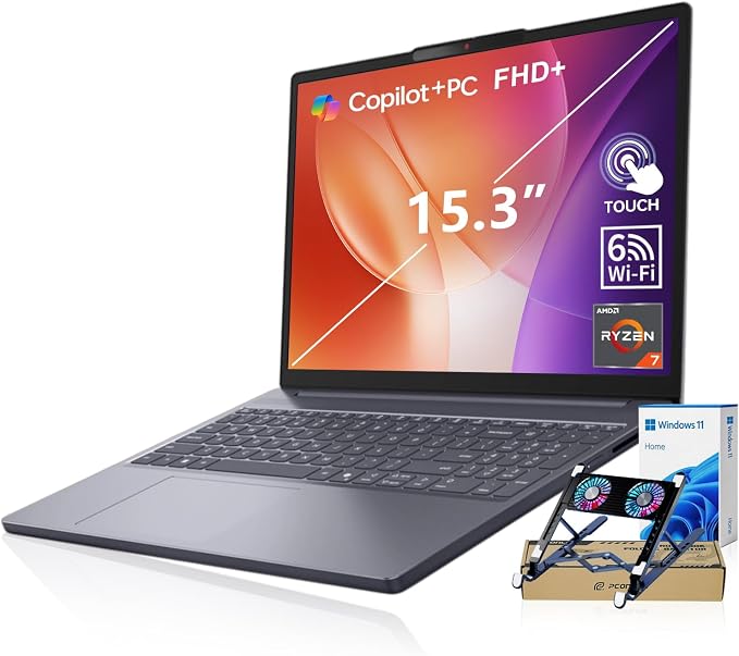Lenovo IdeaPad Slim 3 15.3" FHD+ Touchscreen Laptop, Latest Gen AMD Ryzen 7 170(＞i5-13420H), Radeon 680M Graphics, 16GB DDR5, 512GB SSD, Wi-Fi 6, Numeric Keypad, Wind 11H, Grey, Bundle PCO Cooler by LENOVO