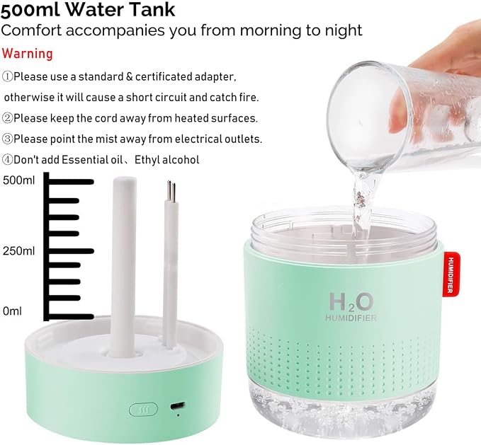 Green Portable Mini Humidifier, 500ml Small Cool Mist USB Desktop Humidifier for Baby Bedroom, Travel, Office, Home - Auto Shut-Off, 2 Mist Modes, Super Quiet - Image 5