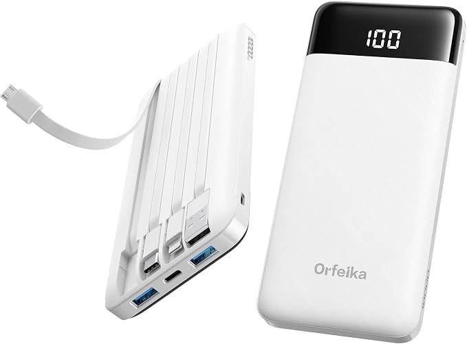 Orfeika Portable Phone Charger, 10000mAh Portable Charger Power Bank with Built-in Cables, Travel Essential Battery Pack Compatible with iPhone, Samsung, Google, iPads, Tablets, etc by Orfeika