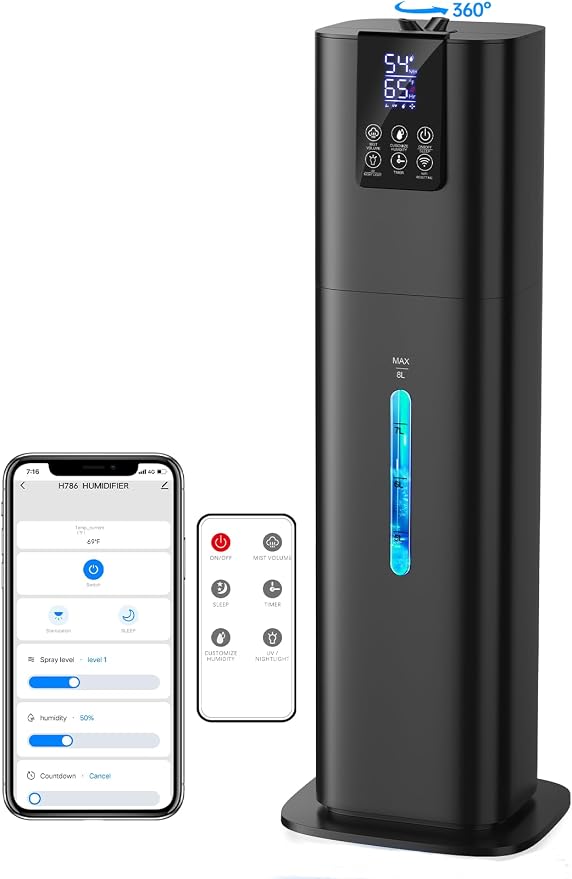 8L Smart Humidifiers for Bedroom Large Room, 2.1Gal Cool Mist Top Fill Diffuser Ambient Light, App & Remote Control, 3 Mist Modes, Quiet Humidifier for Home Office Plant (Black) by HumidifiersforLargeRoom