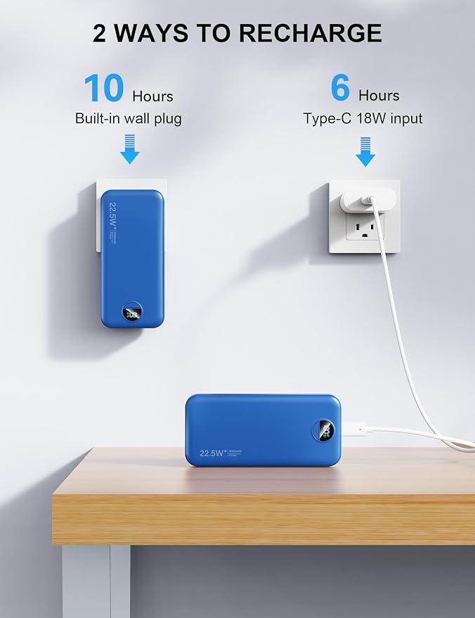 Portable Charger, 20000mAh 22.5W Fast Charging Power Bank with Built-in Cables & Wall Plug, USB C External Battery Pack with LED Display, Travel Essentials Phone Charger for iPhone iPad Samsung Navy - Image 7