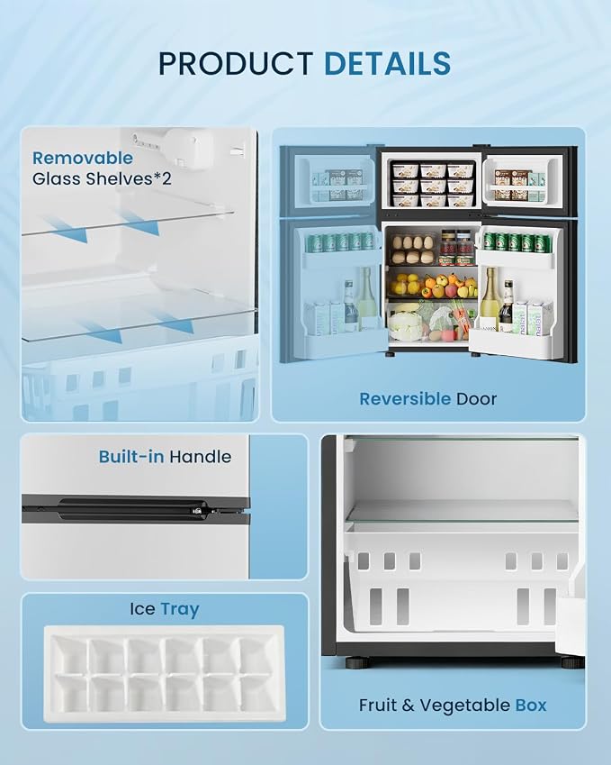 Feelfunn 3.2 Cu.Ft Mini Fridge with Freezer - 2 Door Small Refrigerator, Mini Refrigerator with Adjustable Thermostat, Removable Shelves, Mini Fridge for Bedroom, Office, Dorm, Apartment, Silver - Image 6