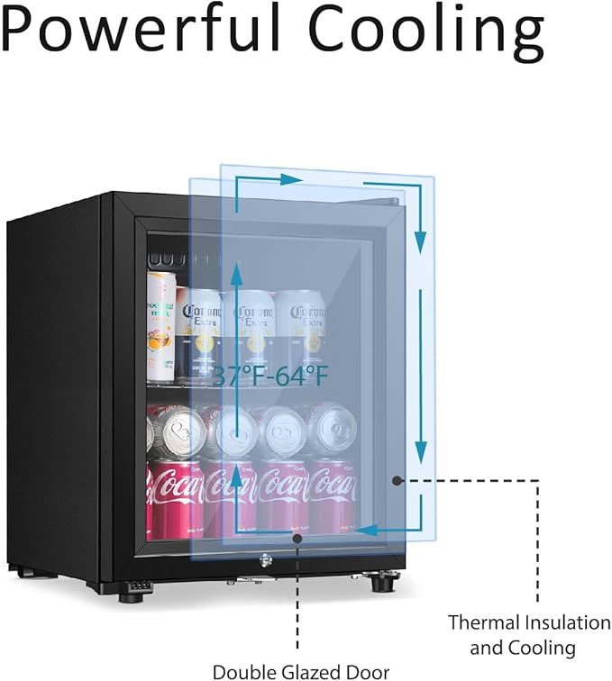 Saeoola Beverage Refrigerator, 1.3 Cu.ft Mini Fridge with Double Glass Door, Cooler for Soda, Beer or Wine for Home, Office or Bar with Adjustable Removable Shelves (Black) - Image 3