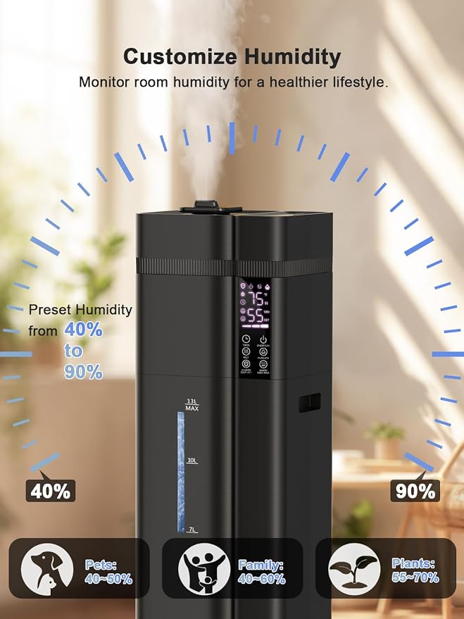 13L/3.4Gal Humidifiers for Bedroom, Ultrasonic Warm & Cool Mist Humidifier Large Room, Covers 800ft², 72H Runtime, 24H Timer, 3 Mist Modes Top Fill Quiet Humidifiers for Home, Office, Black - Image 8