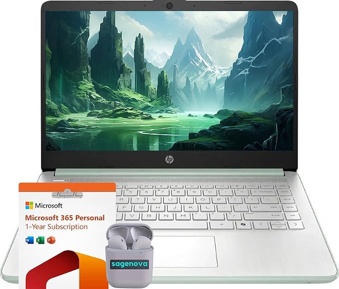 HP 14" Business Laptop Computer with Microsoft Office 365, 4-Core Intel Processor, 128GB Storage, 4GB RAM, Windows 11, SageNova Earphones, Willow Green by HP