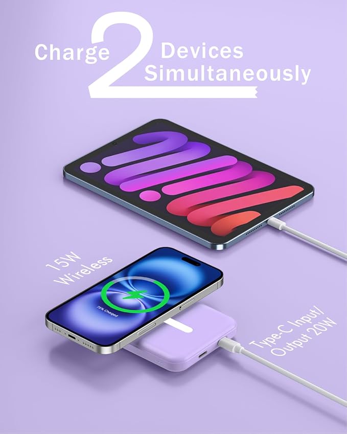 podoru for Magsafe Battery Pack, 5000mAh Magnetic Power Bank with Type-C Cable 20W PD Fast Charging Lighting Input Wireless Portable Charger for iPhone iPhone 17/16/15/14/13/12/ All Series-Purple - Image 5