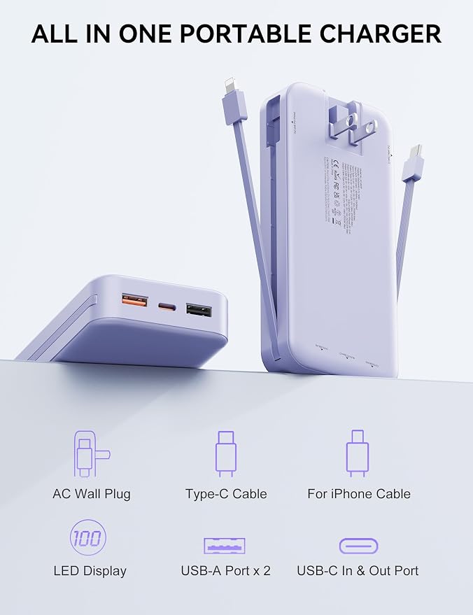 Portable Charger, 20000mAh 22.5W Fast Charging Power Bank with Built-in Cables & Wall Plug, USB C External Battery Pack with LED Display, Travel Essentials Phone Charger for iPhone iPad Samsung Purple - Image 3