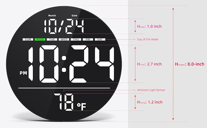 Digital Wall Clock with Large LED Display, Temperature, Auto-Brightness | Small - Image 3