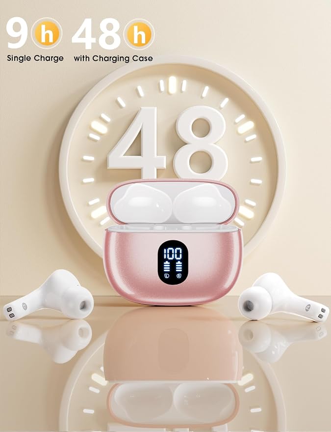 Wireless Earbuds, Hi-Fi Deep Bass Ear Buds, 48H Playtime In-Ear Headphones | 2 Mics for Clear Calls, LED Display, IPX7 Waterproof, Touch Control, Lightweight Bluetooth Earphones for iPhone/TV,RoseGold - Image 3